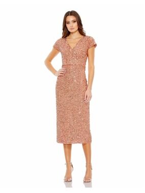 Women's Mac Duggal Copper Sequin V-Neck Midi Dress Size 2